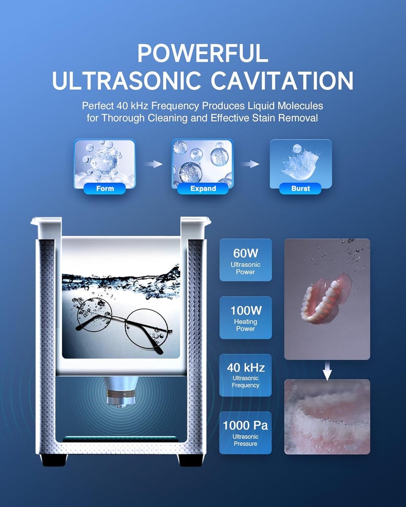 CREWORKS Professional Jewelry Cleaning Machine, 2L Jewelry Cleaning Ultrasonic Machine with Heater & Timer, Digital Sonic Cleaning Machine for Cleaning Denture Dental Irrigator Parts Retainer Glasses - Image 3